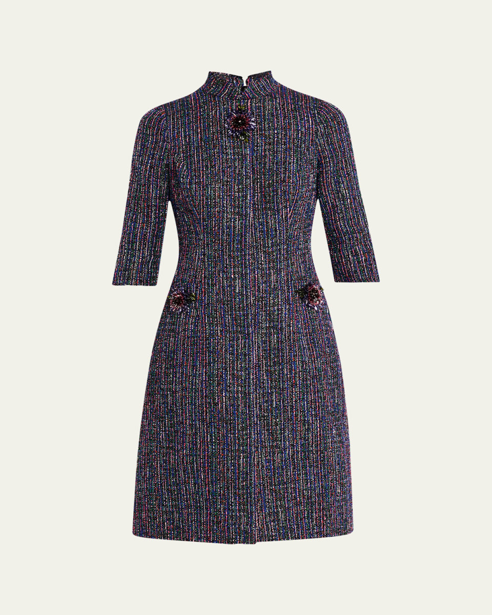 Elbow-Sleeve Metallic Tweed Dress